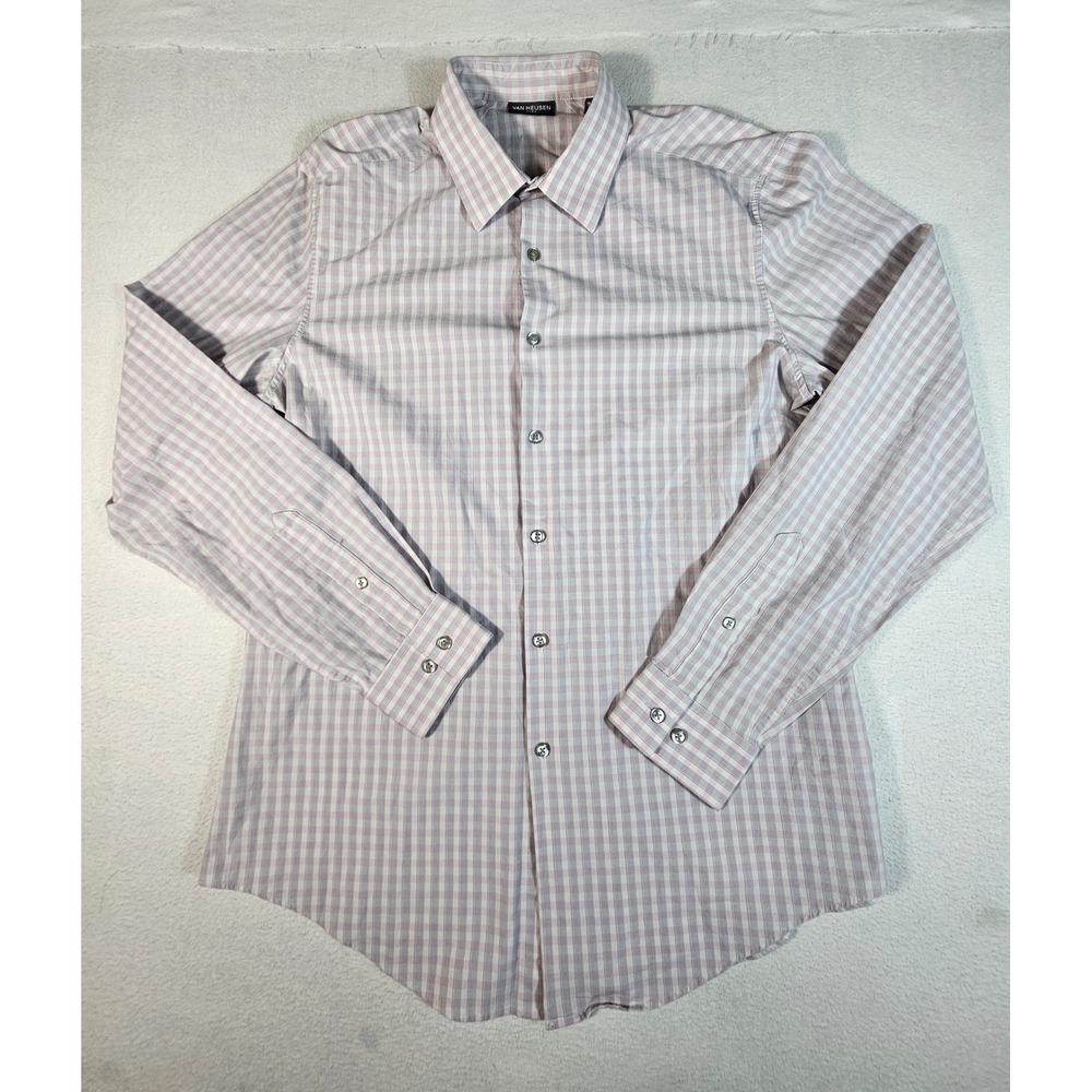 Van Heusen Flex3 Slim Fit Mens Pink Grey Gingham Dress Shirt 15-15.5 34/35 M
